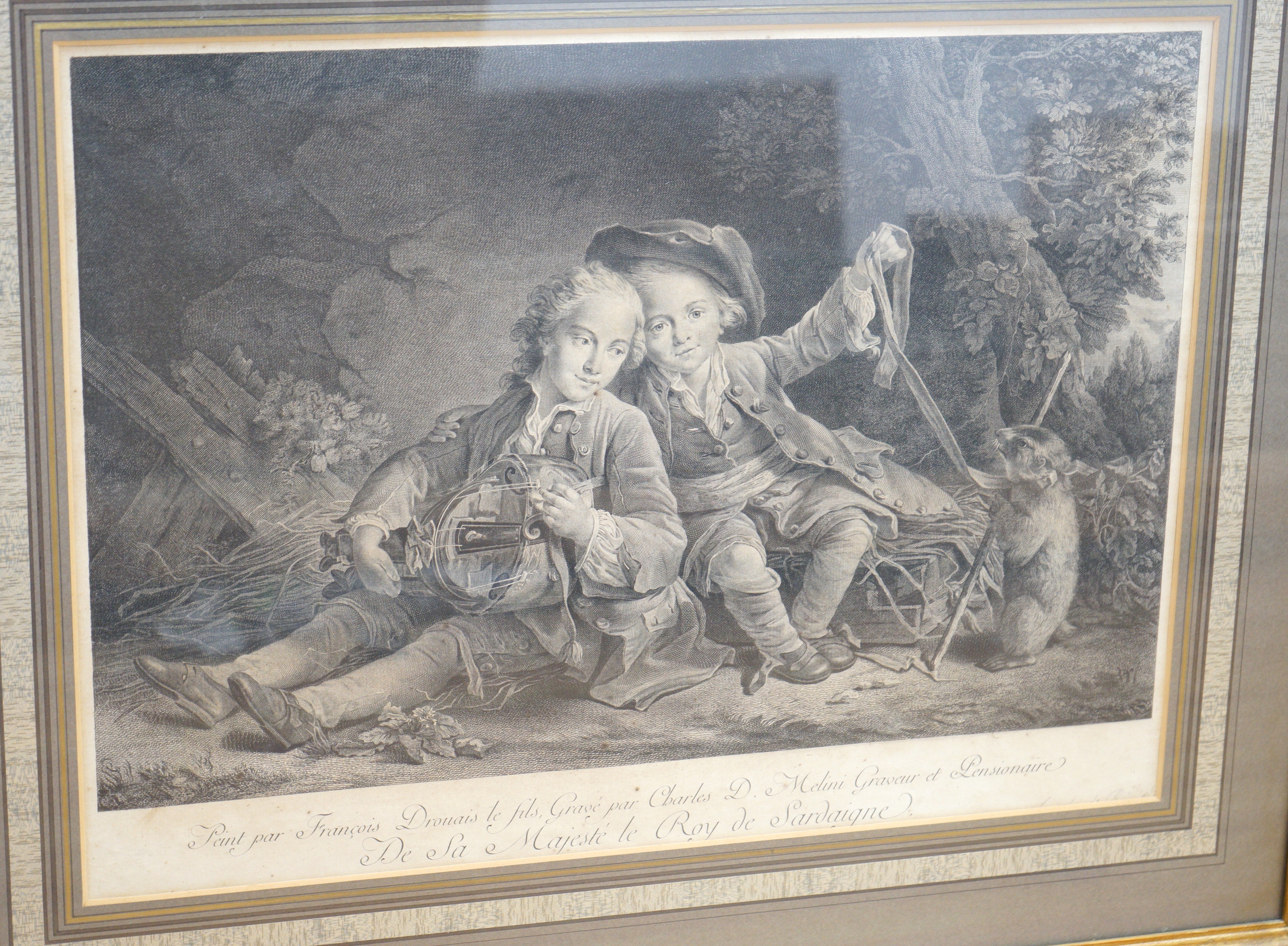 Chereau after Picart, engraving, 'Orgueilleuse de la Conqueste', 49 x 45cm, an engraving after Claude Lorrain, 'Sun setting', and an engraving of children, 36 x 48cm